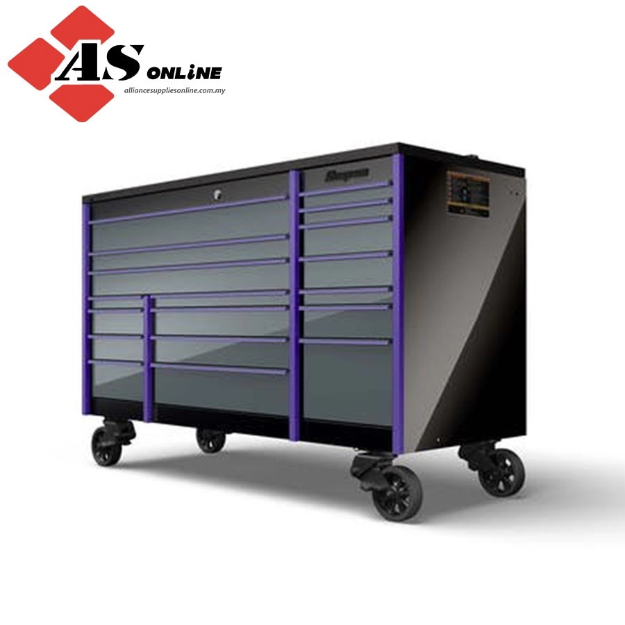 SNAP-ON 72" 18-Drawer Triple-Bank Masters Series Bed Liner LED PowerTop Roll Cab (Gloss Black Case Storm Gray Drawers with Purple Trim Blackout Details) / Model: KTL1023AZEZ3