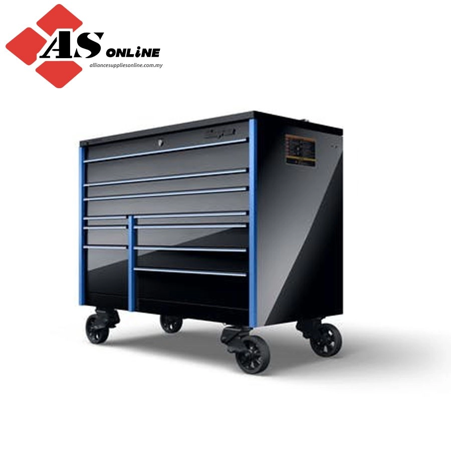 SNAP-ON 54" 10-Drawer Double-Bank Masters Series LED Bed Liner PowerTop Roll Cab (Gloss Black with Sky Blue Trim and Blackout Details) / Model: KTL1022ABLS3