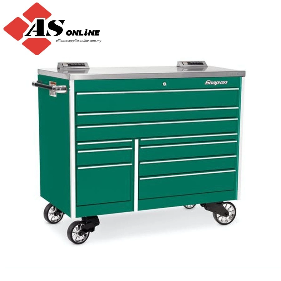 SNAP-ON 54" 10-Drawer Double-Bank Masters Series Stainless Steel PowerTop with LED Light Roll Cab (Teal) / Model: KTL1022APF2