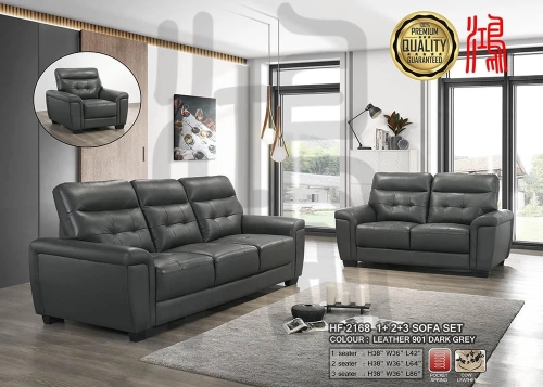 HF 2168 Grey Genuine Cow Leather Sofa 1+2+3 Seater 