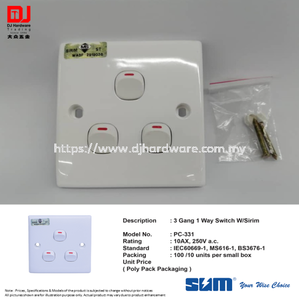 SUM YOUR WISE CHOISE 3 GANG 1 WAY SWITCH WITH SIRIM PC331 (CL) LIGHTING & ELECTRICAL Selangor, Malaysia, Kuala Lumpur (KL), Sungai Buloh Supplier, Suppliers, Supply, Supplies | DJ Hardware Trading (M) Sdn Bhd