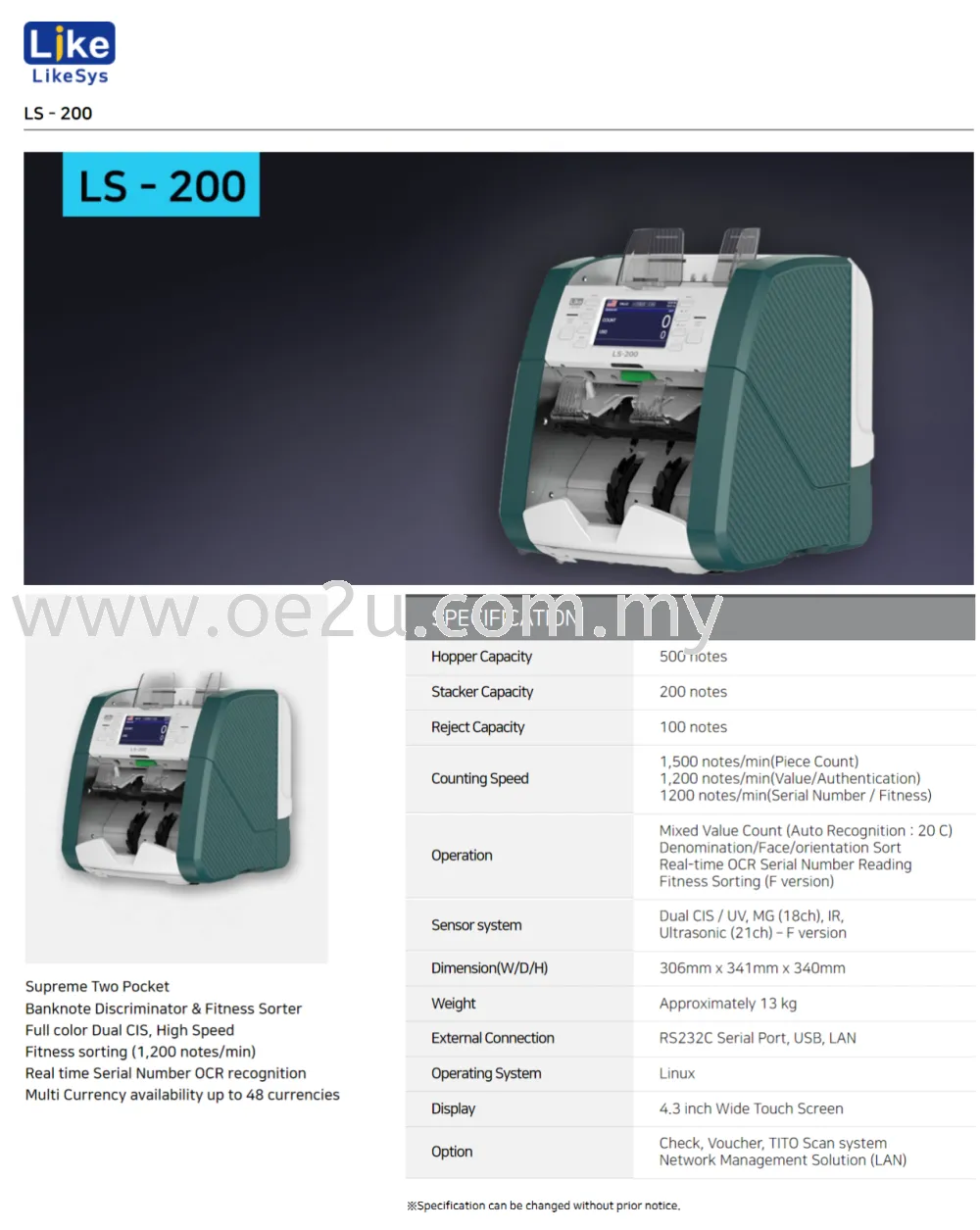 LIKESYS LS-200F Supreme Two Pocket Banknote Discriminator & Fitness Sorter *(F Version)*