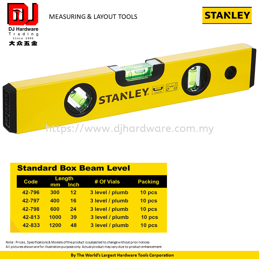 STANLEY MEASURING LAYOUT TOOLS STANDARD BOX BEAM LEVEL 300MM 400MM 600MM  1000MM 1200MM (CL) HAND TOOLS