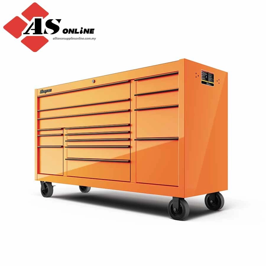 SNAP-ON 73" 15-Drawer Triple-Bank Classic Series Three Extra Wide Drawer Roll Cab with Power Drawer and SpeeDrawer (Electric Orange with Black Trim and Blackout Details) / Model: KCP1423BKH