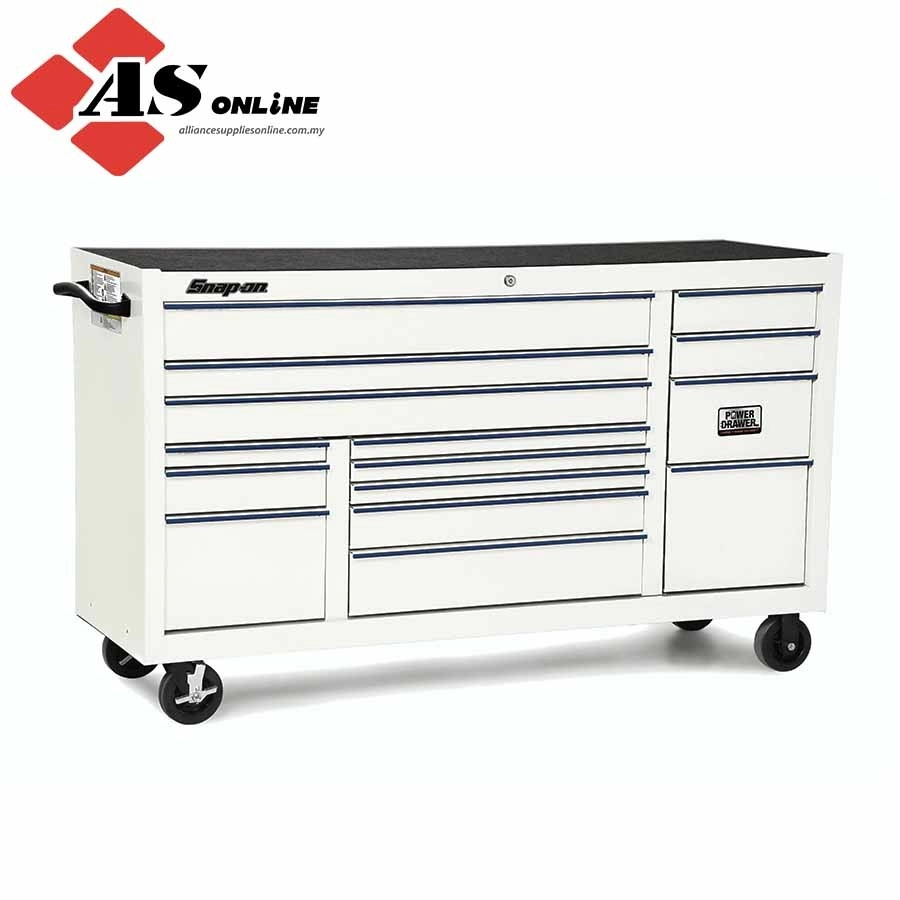 SNAP-ON 73" 15-Drawer Triple-Bank Classic Series Three Extra Wide Drawer Roll Cab with Power Drawer and SpeeDrawer (White w/ Sky Blue Trim) / Model: KCP1423BMP