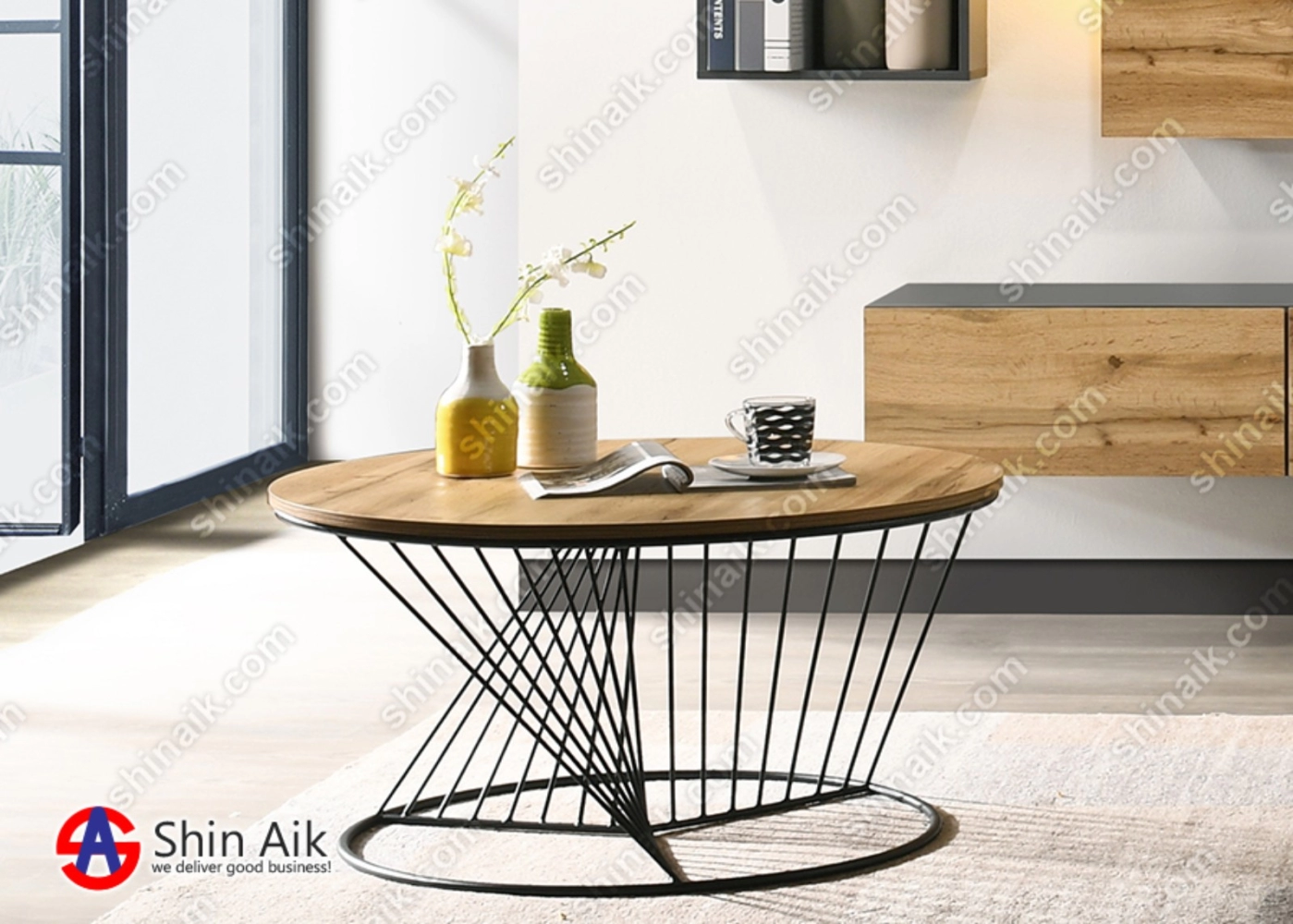VARIO CT2281 Cedar & Black Metal Industrial Style Round Coffee Table