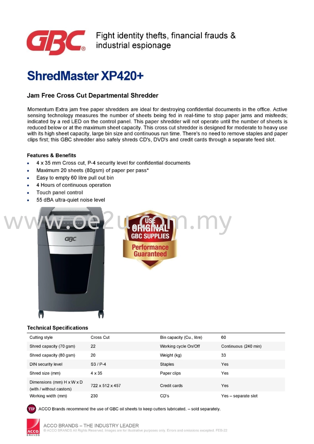 GBC ShredMaster XP420+ Departmental Shredder (Shred Capacity: 20-22 Sheets, Cross Cut: 4x35mm, Bin Capacity: 60 Liters)