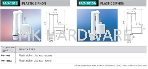 TECHPLAS PLASTIC SIPHON C/W ASSC - SQUARE / ROUND