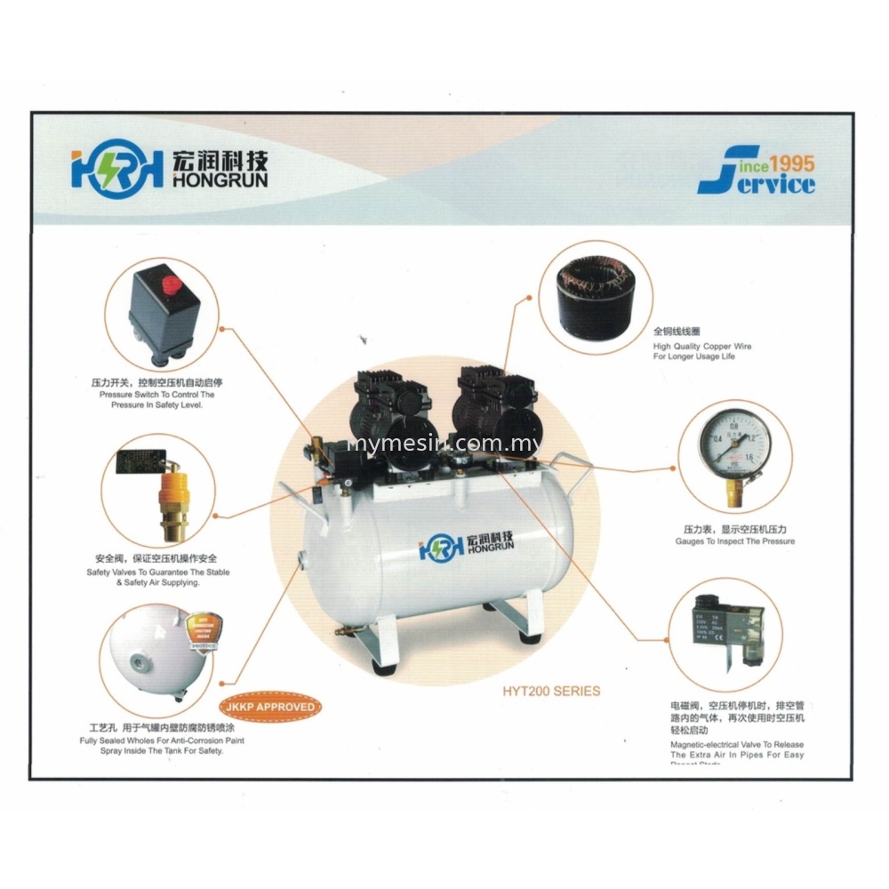 Hongrun HYT-200 1500w 180L/min 60L Silent Oilless Air Compressor