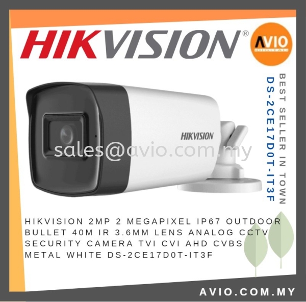 Hikvision 2MP 2 Megapixel IP67 Outdoor Bullet 40m IR 3.6mm Lens Analog CCTV Security Camera TVI CVI AHD DS-2CE17D0T-IT3F(C)  TVI ANALOG CAMERA HIKVISION Johor Bahru (JB), Kempas, Johor Jaya Supplier, Suppliers, Supply, Supplies | Avio Digital