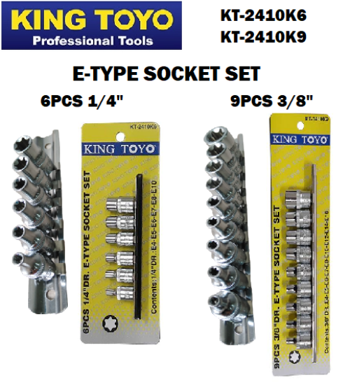 KING TOYO 6PCS 1/4" / 9PCS 3/8" E-Type Socket Set [KT-2410K6/ KT-2410K9]