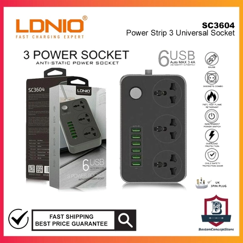 Ldnio Sc3604 Universal Socket with 6 USB Output 3.4A & 2m UK Plug - R & E GADGET SDN BHD