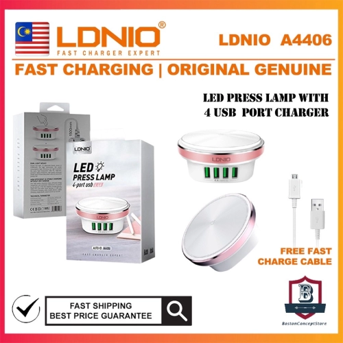 LDNIO A4406 LED Press Lamp 4 USB Charger 4.4A Output Adapter 1.5m UK Plug 3 Pin Plug wit Sleeping Light 1 Year Warranty
