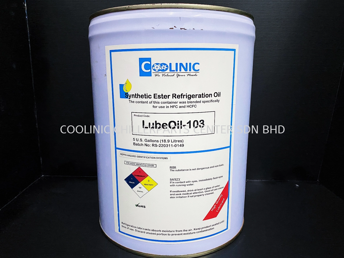 COOLINIC-LUBEOIL-103 Coolinic Synthetic-Ester Refrigeration Oil [5-Gal.] S/S PP23BZ103005