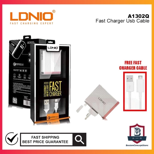 LDNIO Fast Charger A1302Q / Qualcomm 3.0 / 18W / UK Plug / USB Cable 1 USB Output Quick Charge 3.0 Auto ID Fast Charging