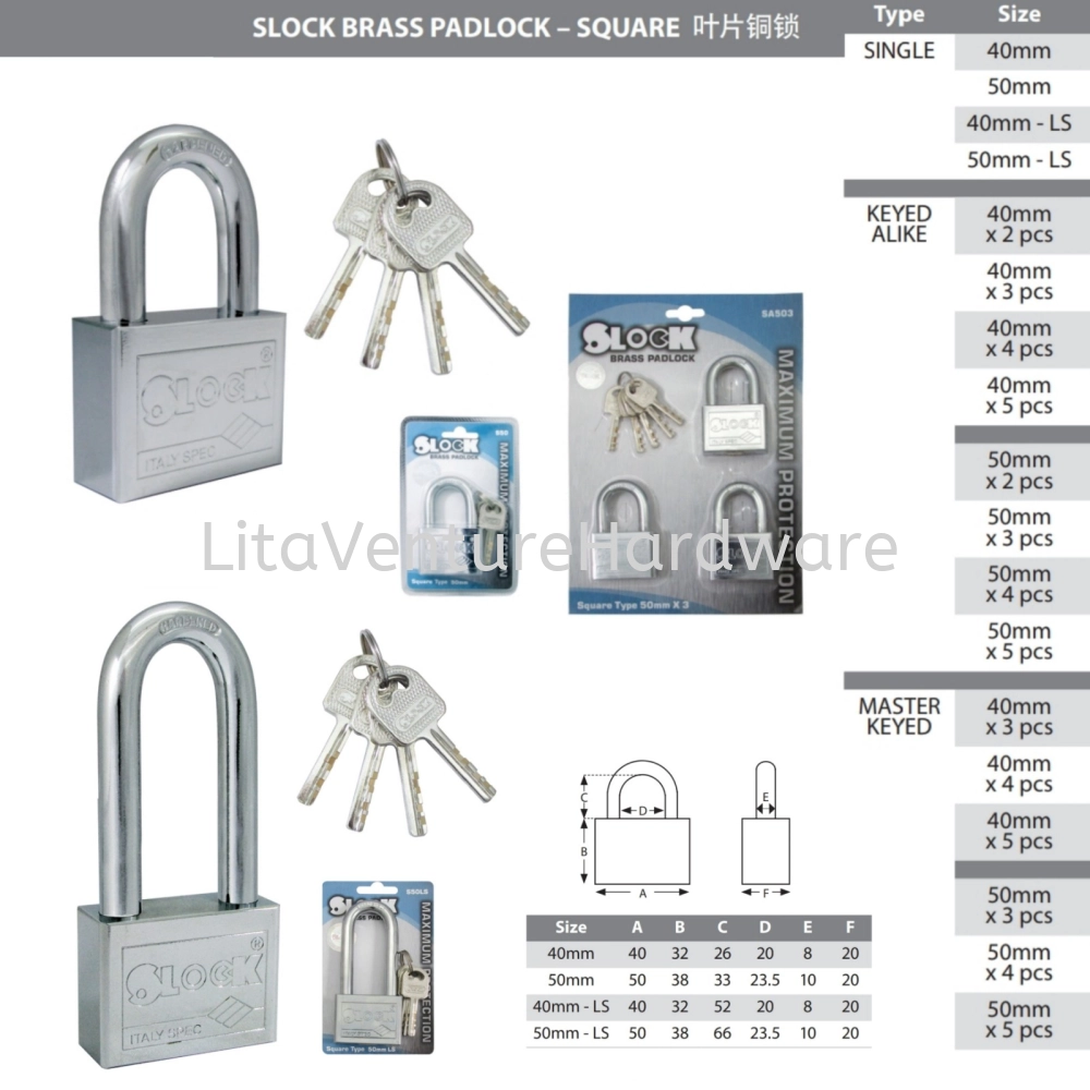 SLOCK BRASS PADLOCK SQUARE TYPE