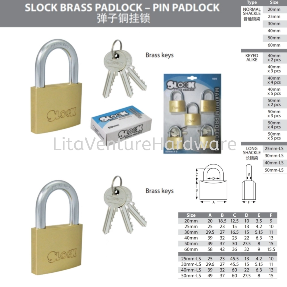 SLOCK BRASS PADLOCK PIN PADLOCK KEYALIKE