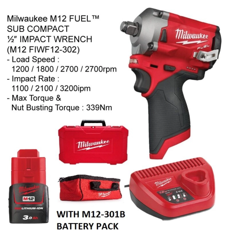 MILWAUKEE M12FIWF12-0C M12 FUEL 1/2" STUBBY IMPACT WRENCH (339NM)