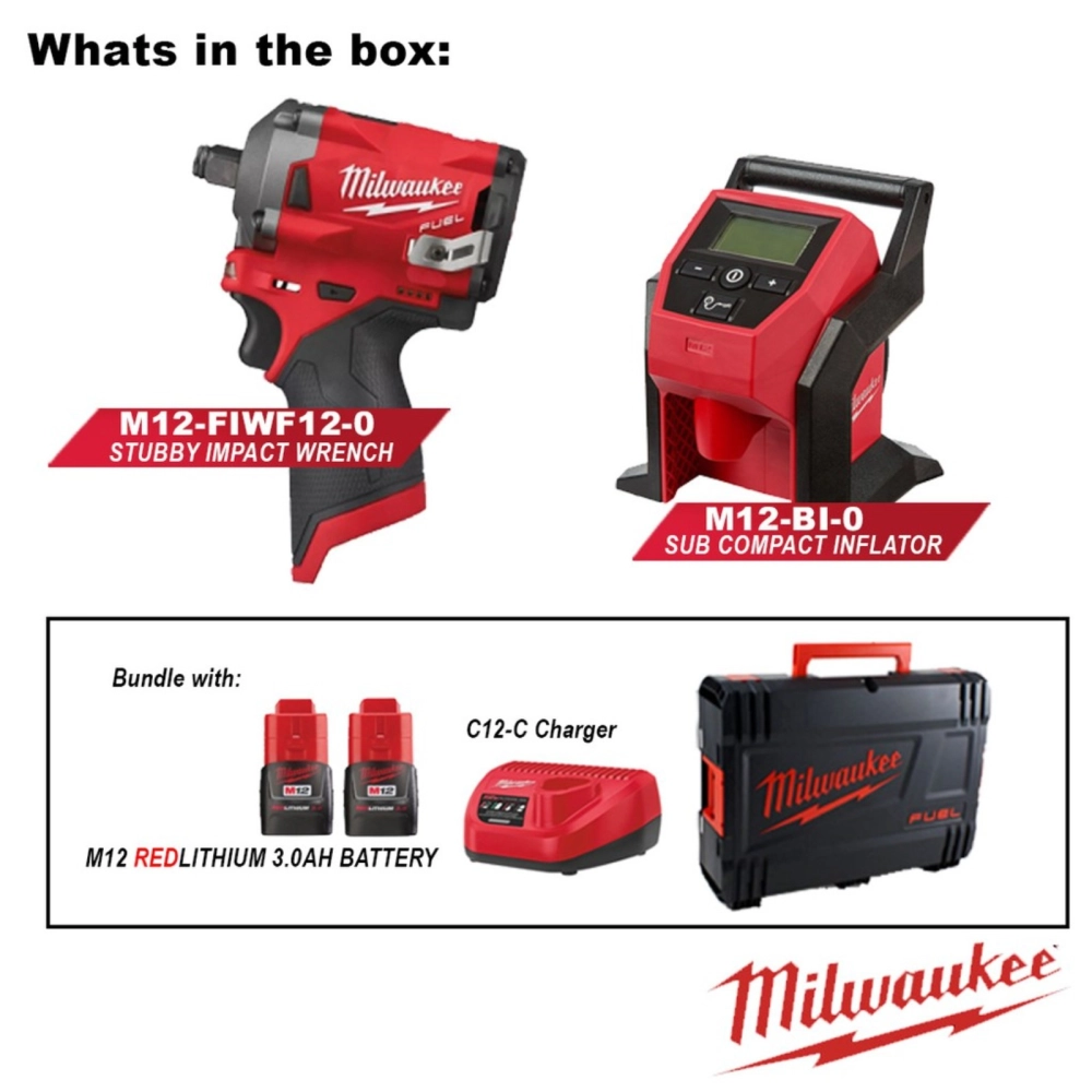 MILWAUKEE M12FIWF12-302 M12 FUEL 1/2" STUBBY IMPACT WRENCH (339NM) + M12 BI-0 M12 FUEL COMPACT INFLATOR  (BARE TOOL)