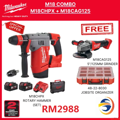 MILWAUKEE M18CHPX-502C M18 FUEL HIGH PERFORMANCE SDS-PLUS HAMMER (3 MODE) - 18V , 28MM - COMBO SET