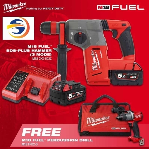 MILWAUKEE M18CHX-502C M18 FUEL SDS-PLUS HAMMER (3 MODE) - 18V , 26MM - FREE MILWAUKEE M18FPD-0 M18 FUEL 13MM PERCUSSION DRILL (BARE TOOLS) X 1+ 1 X MILWAUKEE CONTRACTOR BAG