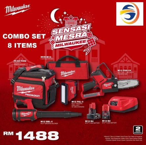 MILWAUKEE PROMOTION 8 ITEMS COMBO SET (M12-FHS+M12-BBL+M12-PAL+48-22-8302) Pruning Saw / Mini Chainsaw / m12BBL Brushed Blower / Cordless Blower / Packout Cooler