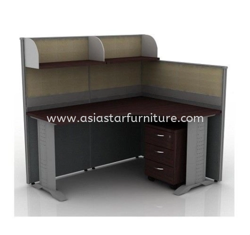 5 FEET CLUSTER OF 1 L-SHAPE FULL BOARD CUBICLE WORKSTATION WITH HANGING SHELF, METAL J-LEG & MOBILE PEDESTAL 3D - L15