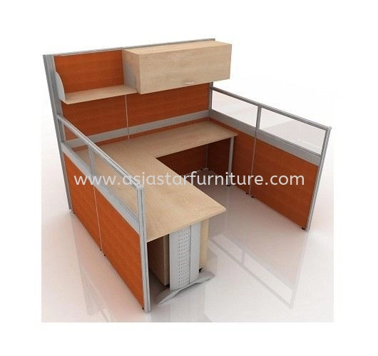 5 FEET CLUSTER OF 1 L-SHAPE FULL BOARD & HALF GLASS CUBICLE WORKSTATION WITH HANGING SHELF, HANGING CABINET, METAL J-LEG & MOBILE PEDESTAL 3D - L16