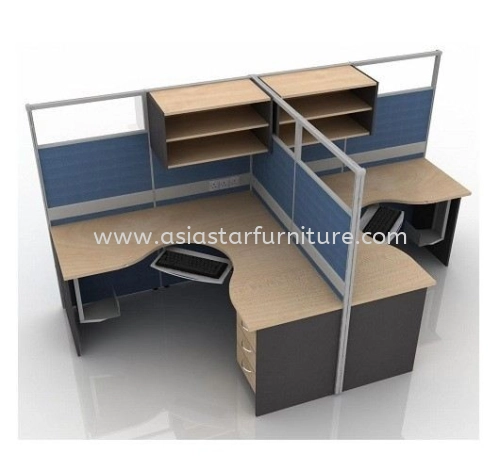 5 FEET CLUSTER OF 2 L-SHAPE HALF GLASS CUBICLE WORKSTATION WITH HANGING CABINET, KEYBOARD TRAY & FIXED PEDESTAL 3D - 2L16