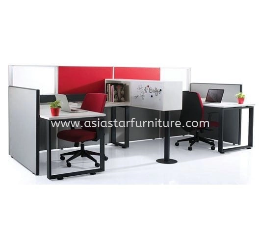 5 FEET CLUSTER OF 2 L-SHAPE FULL BOARD & HALF GLASS CUBICLE WORKSTATION WITH METAL O-LEG & STAND CABINET - 2L26