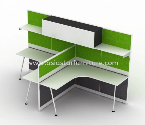 5 FEET CLUSTER OF 2 L-SHAPE FULL BOARD CUBICLE WORKSTATION WITH HANGING SHELF, HANGING CABINET & METAL TUBE-LEG - 2L22