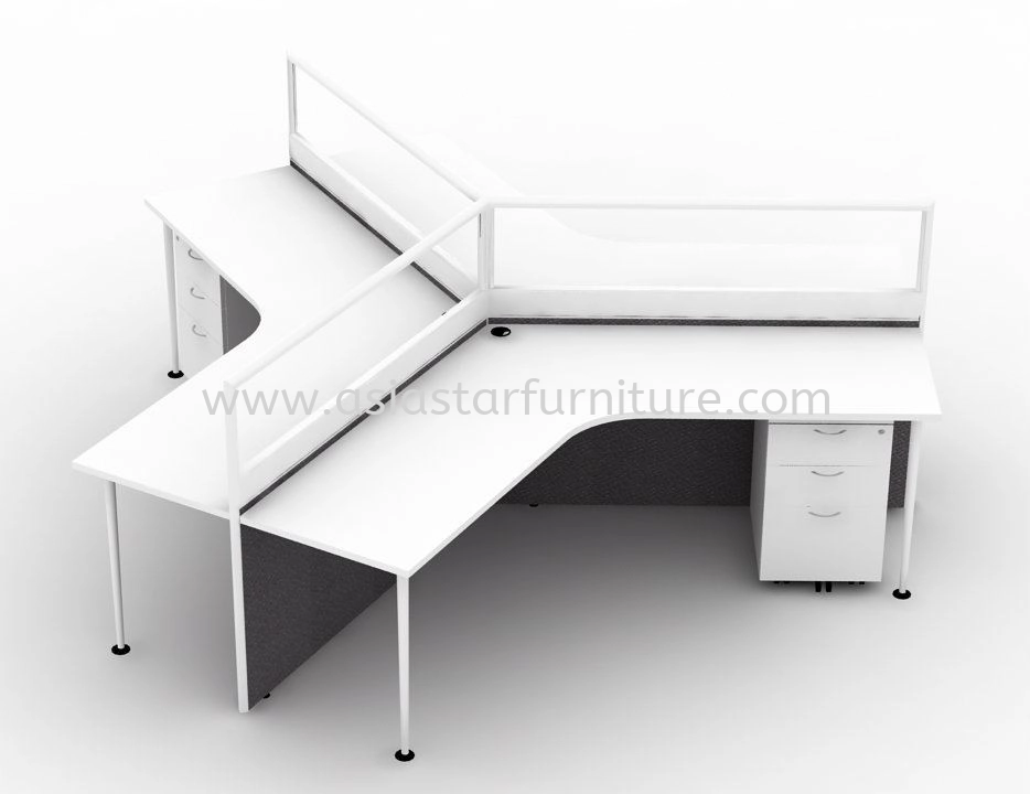 4 FEET CLUSTER OF 3 Y-SHAPE HALF GLASS CUBICLE WORKSTATION WITH METAL TUBE-LEG & MOBILE PEDESTAL 2D1F - 3L3