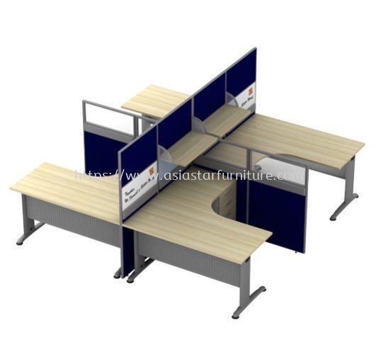 5 FEET CLUSTER OF 4 L-SHAPE HALF GLASS CUBICLE WORKSTATION PARTITION WITH HAGING SHELF & FIXED PEDESTAL DRAWER 2D1F - 4L37
