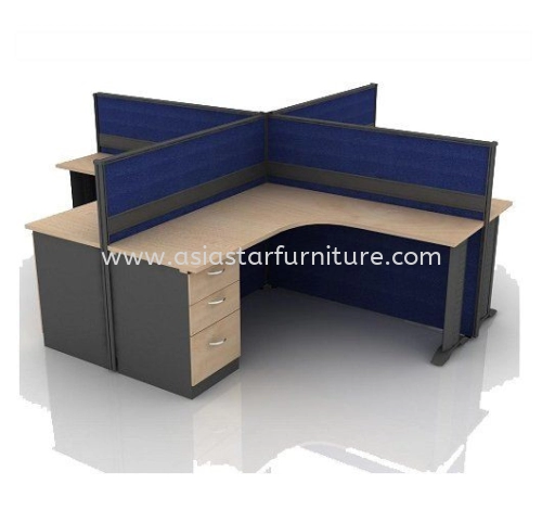 5 FEET CLUSTER OF 4 L-SHAPE FULL BOARD CUBICLE WORKSTATION PARTITION WITH METAL J-LEG & FIXED PEDESTAL DRAWER 2D1F - 4L18