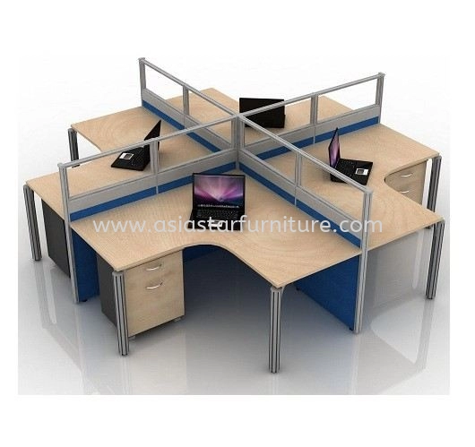 5 FEET CLUSTER OF 4 L-SHAPE HALF GLASS CUBICLE WORKSTATION PARTITION WITH METAL POLE-LEG & MOBILE PEDESTAL DRAWER 1D1F - 4L24