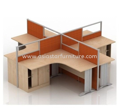 5 FEET CLUSTER OF 4 L-SHAPE FULL BOARD & HALF GLASS CUBICLE WORKSTATION PARTITION WITH METAL J-LEG & SIDE CABINET - 4L26