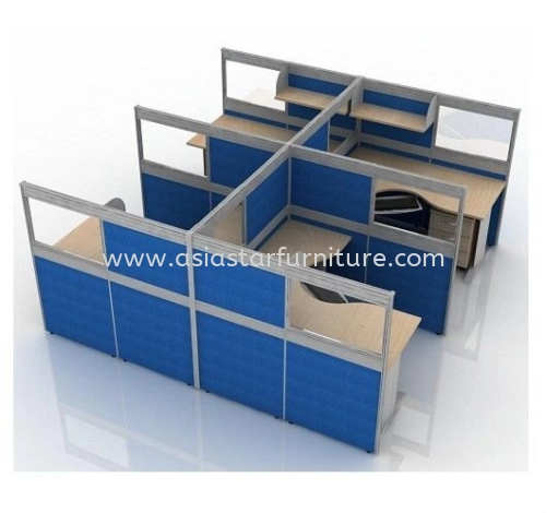 5 FEET CLUSTER OF 4 L-SHAPE HALF GLASS CUBICLE WORKSTATION PARTITION WITH HAGING SHELF & MOBILE PEDESTAL DRAWER 3D - 4L30