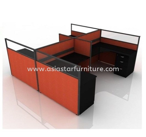 5 FEET CLUSTER OF 4 L-SHAPE HALF GLASS CUBICLE WORKSTATION PARTITION WITH FIXED PEDESTAL DRAWER 2D1F - 4L31