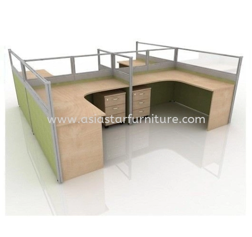 5 FEET CLUSTER OF 4 L-SHAPE HALF GLASS CUBICLE WORKSTATION PARTITION WITH MOBILE PEDESTAL DRAWER 3D - 4L33