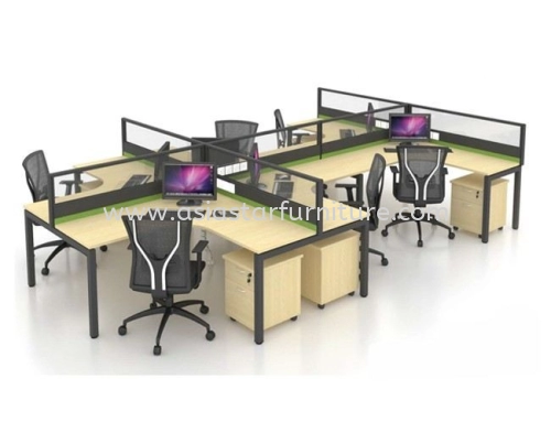 MUPHI 6 CLUSTER L-SHAPE WORKSTATION WITH HALF GLASS PARTITION DESKING PANEL & MOBILE PEDESTAL 1D1F - 6PM2