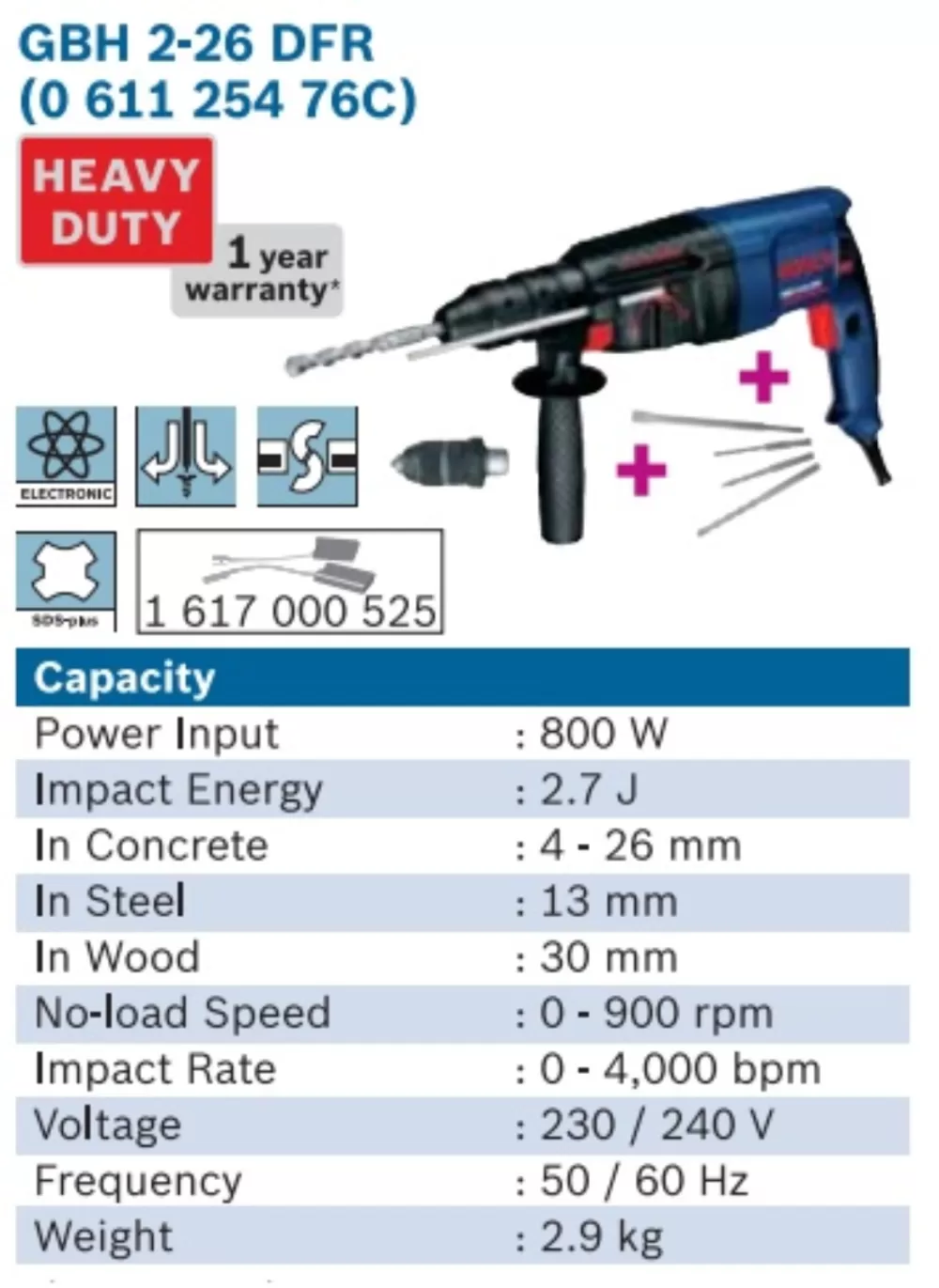 BOSCH GBH2-26DFR ROTARY HAMMER (SDS PLUS, 3 MODE, 800W)