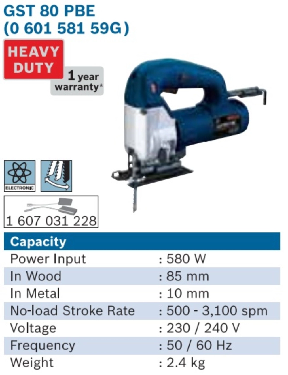 BOSCH GST80PBE JIGSAW (580W, 3100spm, 2.4kg)