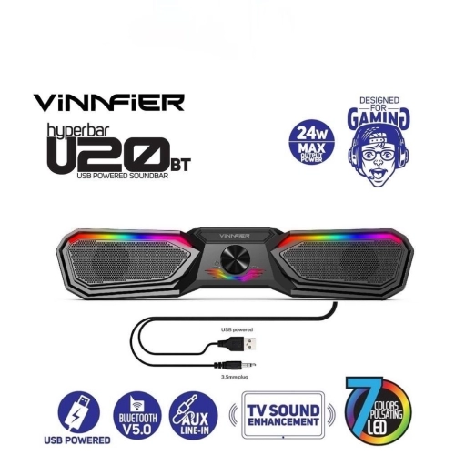 Vinnfier Hyperbar U20 BT USB Powered Soundbar Bluetooth Aux Line & Led Light Design for Gaming