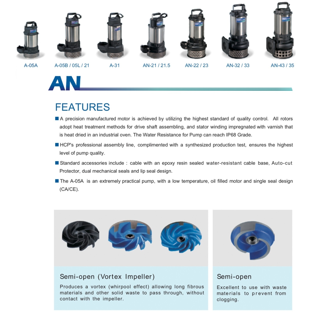 HCP A21F-1 / A21F-3 SUBMERSIBLE PUMP - AUTO, DISCHARGE 2", 1.0HP, 750W, MAX HEAD 13M, FLOW RATE 360L/MIN, 17KG