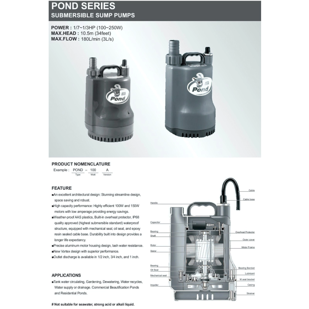 HCP POND-S250 / POND-S250F SUBMERSIBLE PUMP - MANUAL/ AUTO, DISCHARGE 1-1/4", 230V, 250W, MAX HEAD 9M, FLOW RATE 160L/MIN, 4.1KG