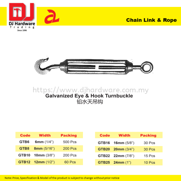 DJ CHAIN LINK & ROPE GALVANIZED EYE & HOOK TURNBUCKLE 8 SIZE (CL) HARDWARE TOOLS BUILDING SUPPLIES & MATERIALS Selangor, Malaysia, Kuala Lumpur (KL), Sungai Buloh Supplier, Suppliers, Supply, Supplies | DJ Hardware Trading (M) Sdn Bhd