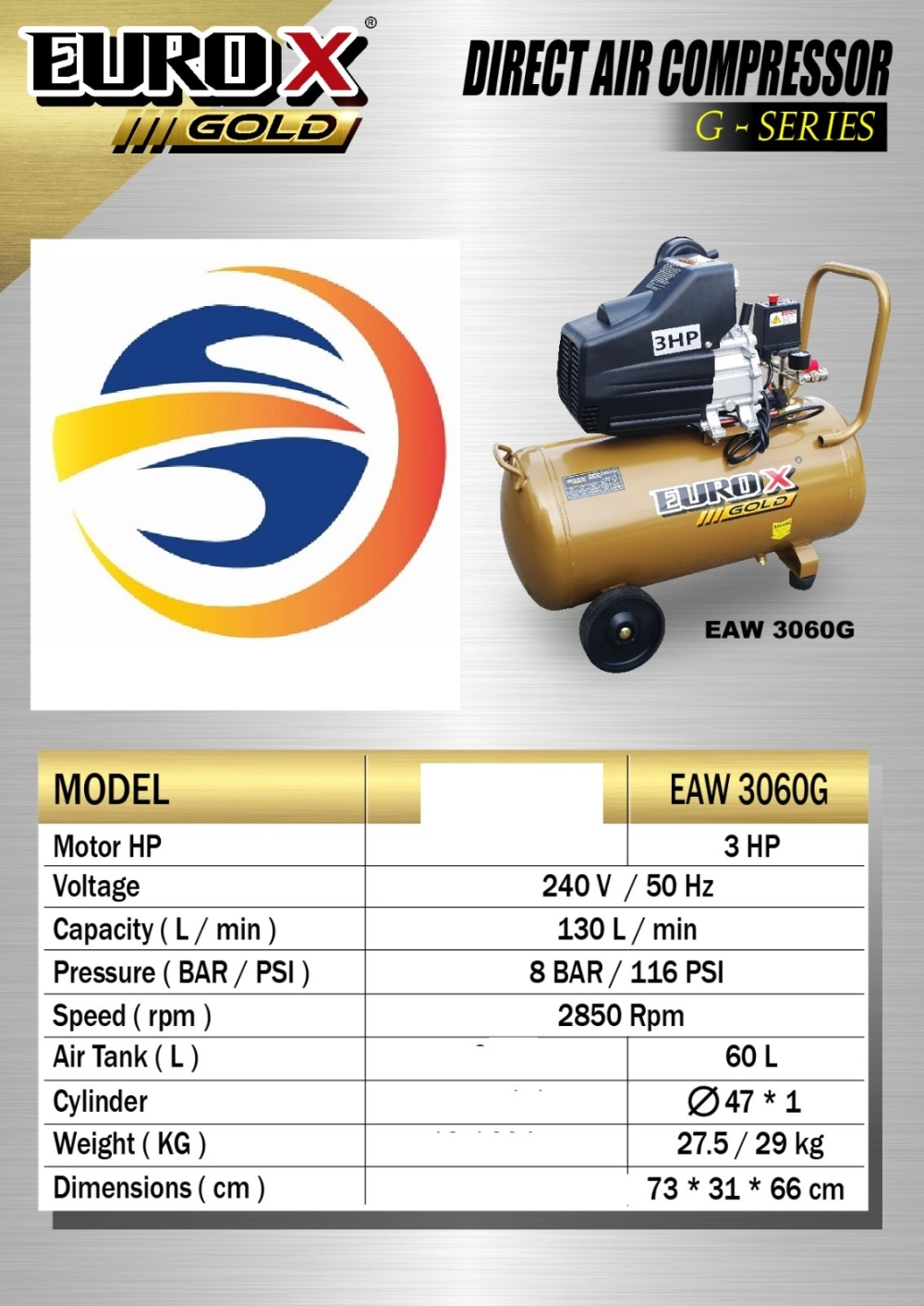 EUROX EAW3060G 3HP PORTABLE AIR COMPRESSOR  -  8 BAR, 60LTR, 130L/MIN