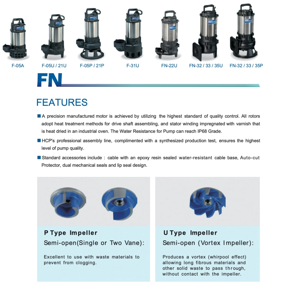 HCP FN33P-3 SUBMERSIBLE PUMP -  DISCHARGE 3", 3.0HP, 2200W, MAX HEAD 18M, FLOW RATE 1040L/MIN, 32KG