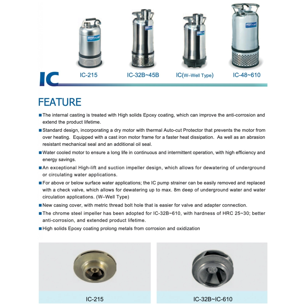 HCP IC32B-1 / IC32B-3 SUBMERSIBLE DEWATERING PUMP - DISCHARGE 3", 2.0HP, 1500W, MAX HEAD 14M, FLOW RATE 800L/MIN, 40KG