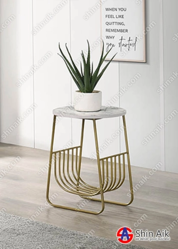 ET65032 White Marble & Gold Metal Elegant Style Round End / Side Table